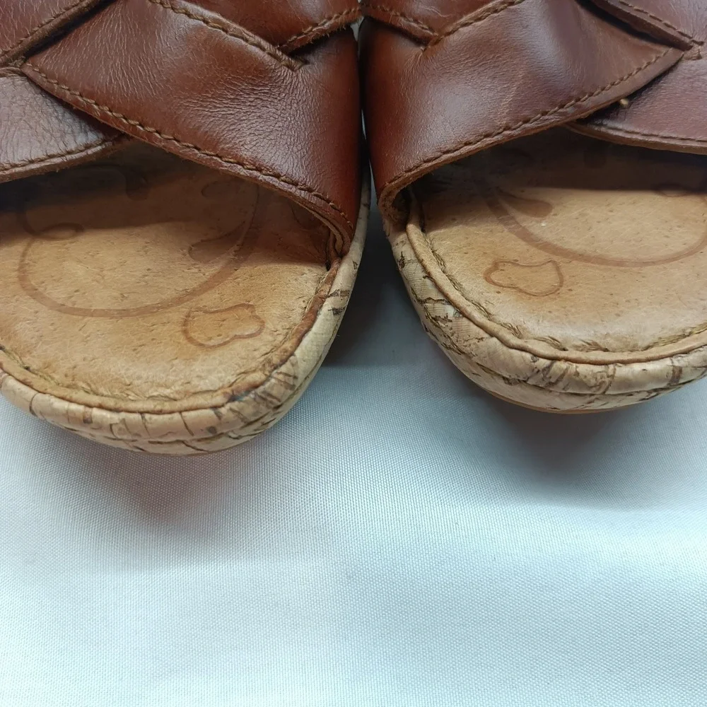 Born Brown Leather Strappy Cork Wedge Sandals Womens US 7